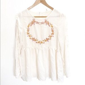 Entro White Cream Long Sleeve Floral Design Blouse